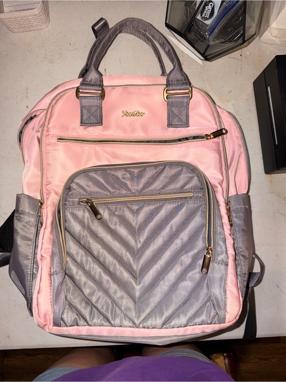 Pink and Gray Quilted Backpack Tote